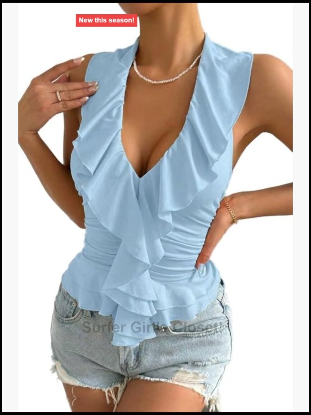 Y2K Deep V Halter Ruffle Tank Top Women Summer Sleeveless Backless